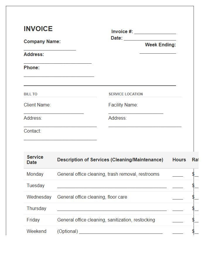 Weekly Janitorial Service Invoice Template