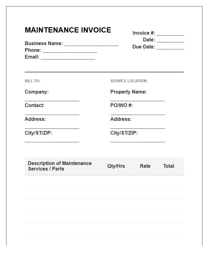 Commercial Handyman Maintenance Invoice Template