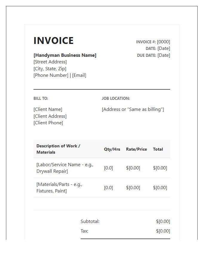 Comprehensive Handyman Work Invoice Template