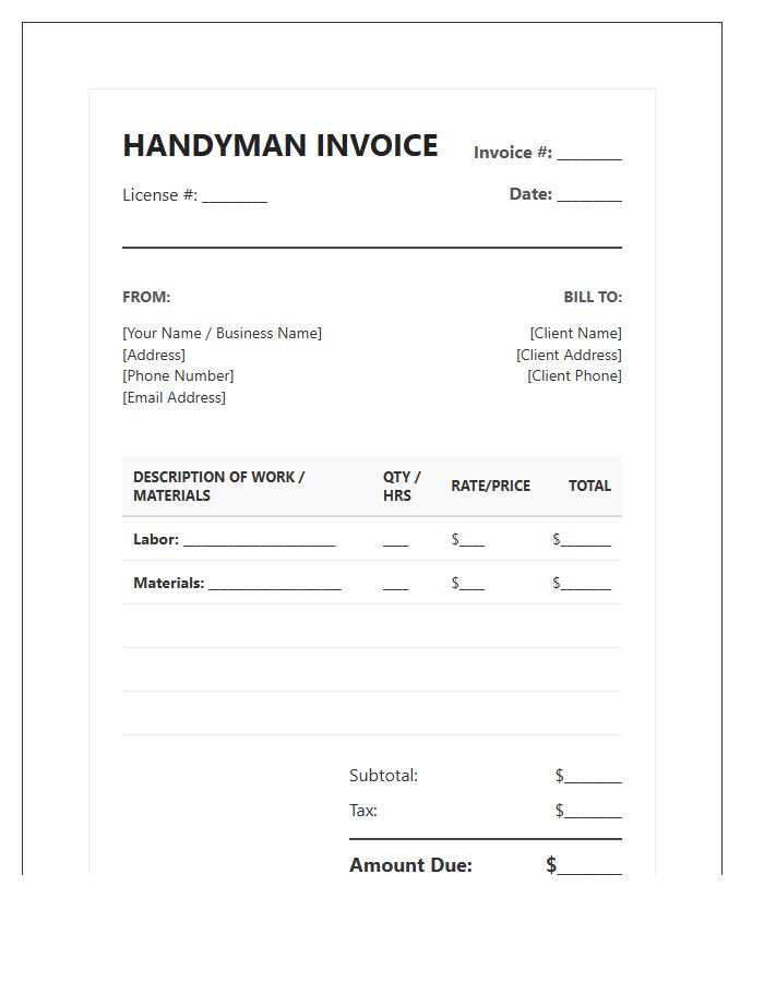 Detailed Handyman Billing Invoice Template