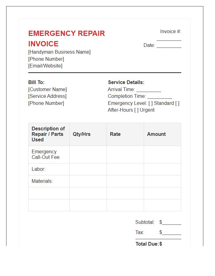 Emergency Handyman Repair Invoice Template