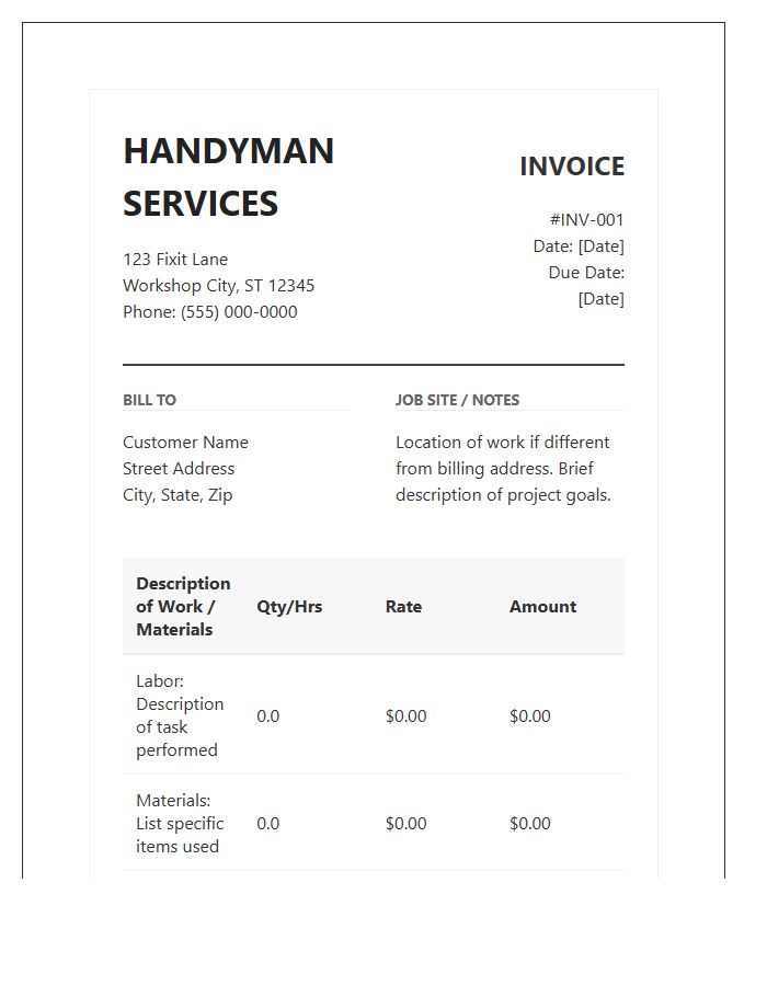 Handyman Business Service Invoice Template