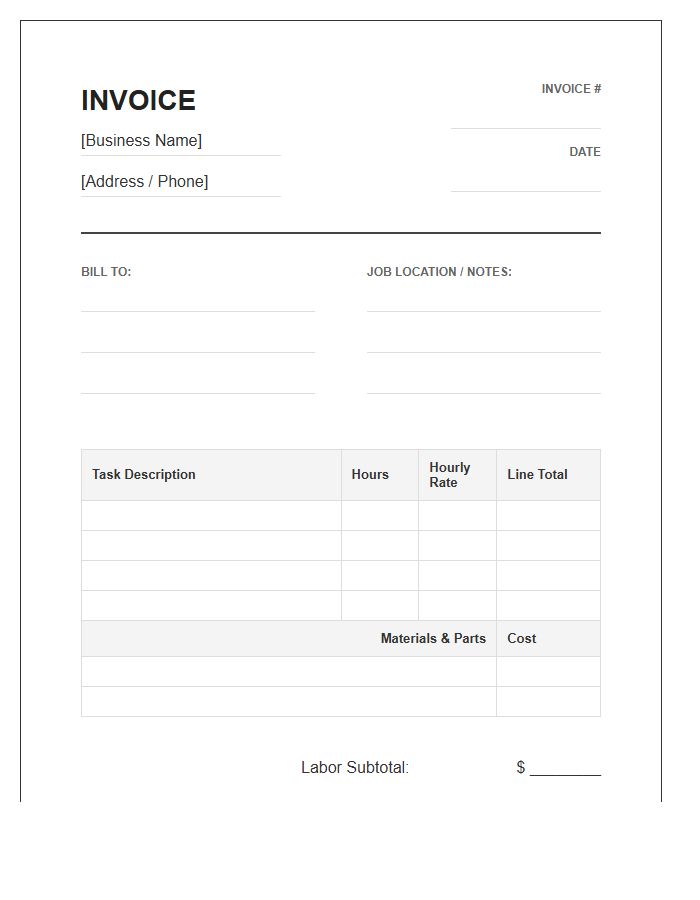 Handyman Hourly Rate Invoice Template
