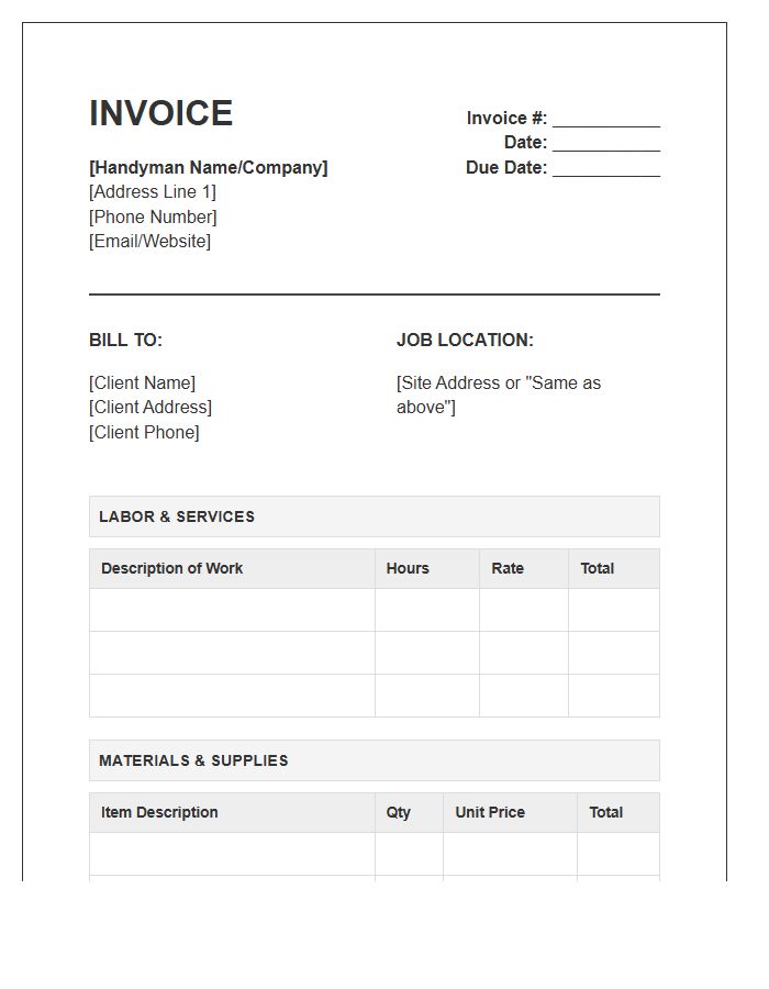 Handyman Material And Labor Invoice Template
