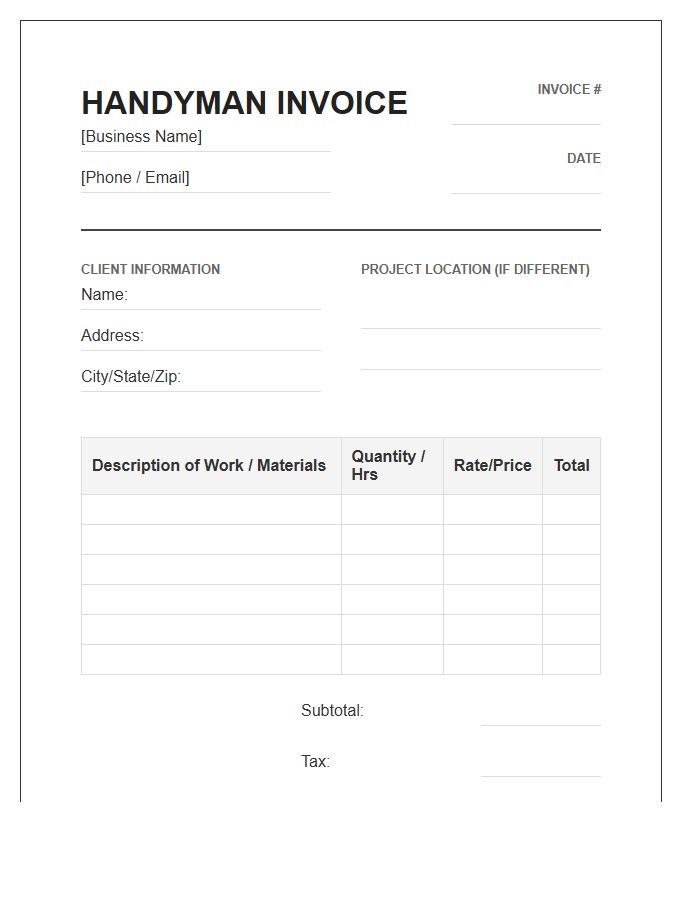 Residential Handyman Service Invoice Template