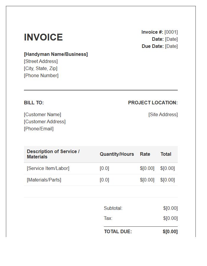 Standard Handyman Project Invoice Template