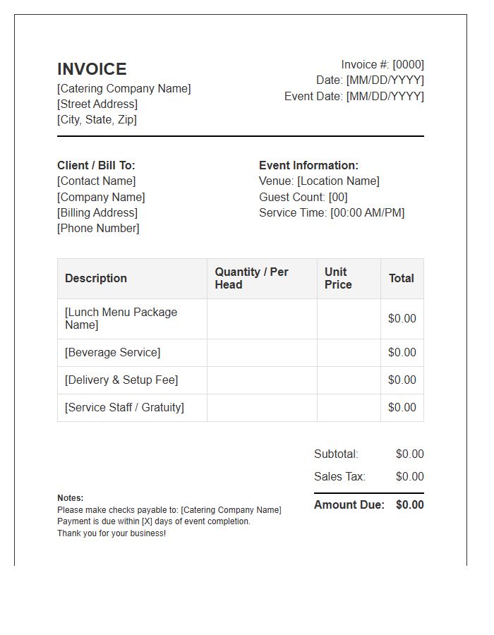 Corporate Lunch Catering Invoice Template