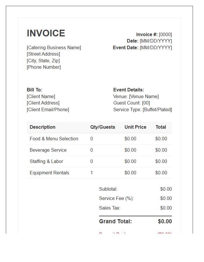 Standard Catering Business Invoice Template