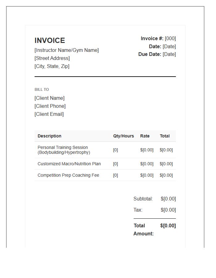 Bodybuilding Instructor Client Invoice Template