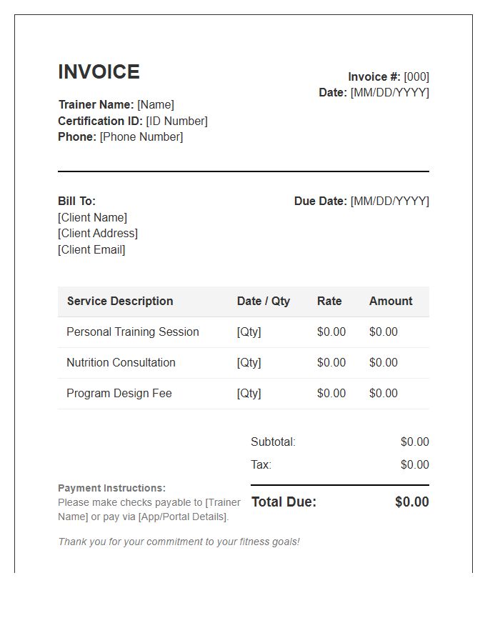 Certified Personal Trainer Billing Invoice Template