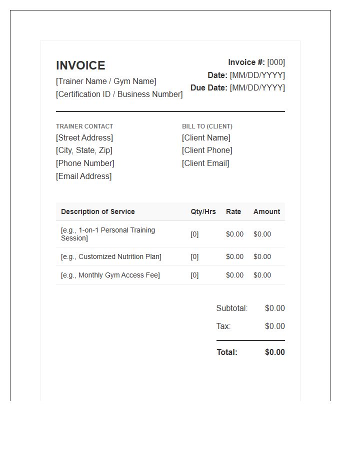 Gym Personal Trainer Services Invoice Template