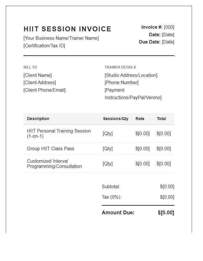 High Intensity Interval Training Invoice Template
