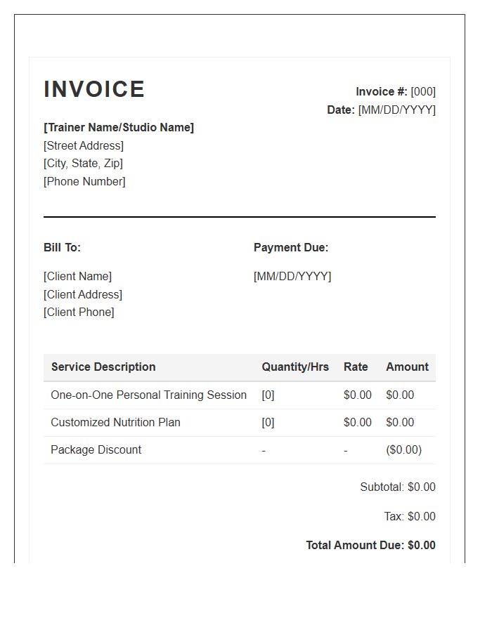 One On One Fitness Training Invoice Template