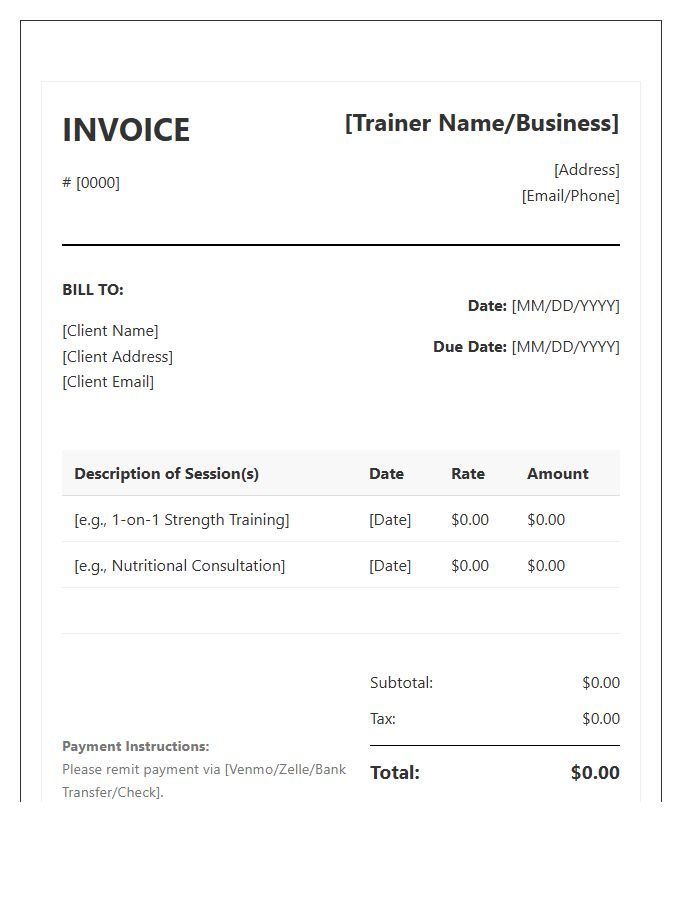 Private Personal Training Session Invoice Template