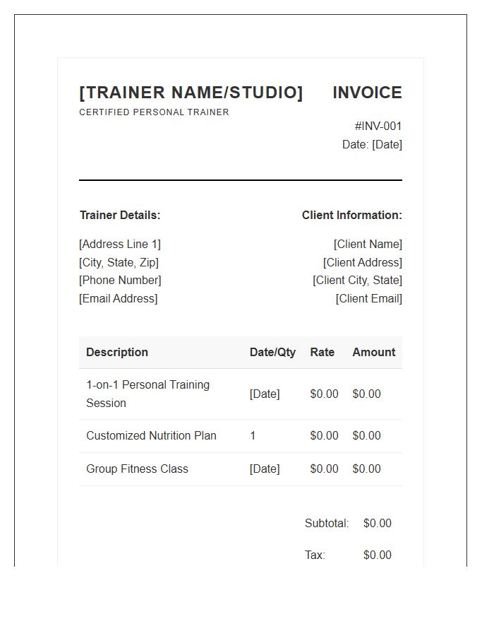Professional Fitness Personal Trainer Invoice Template