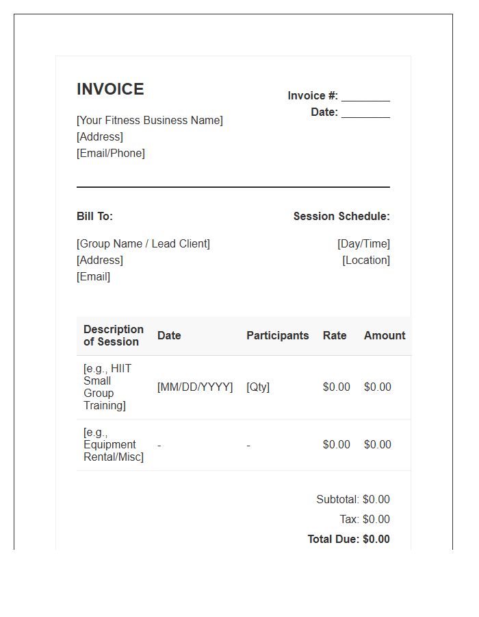 Small Group Fitness Session Invoice Template