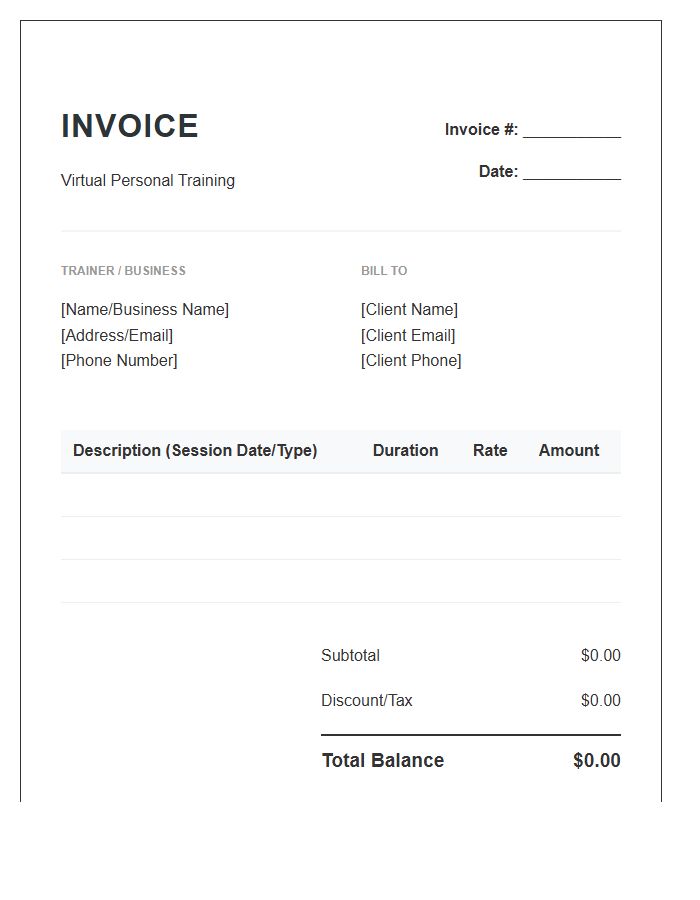 Virtual Personal Training Class Invoice Template