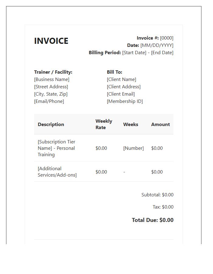Weekly Fitness Training Subscription Invoice Template