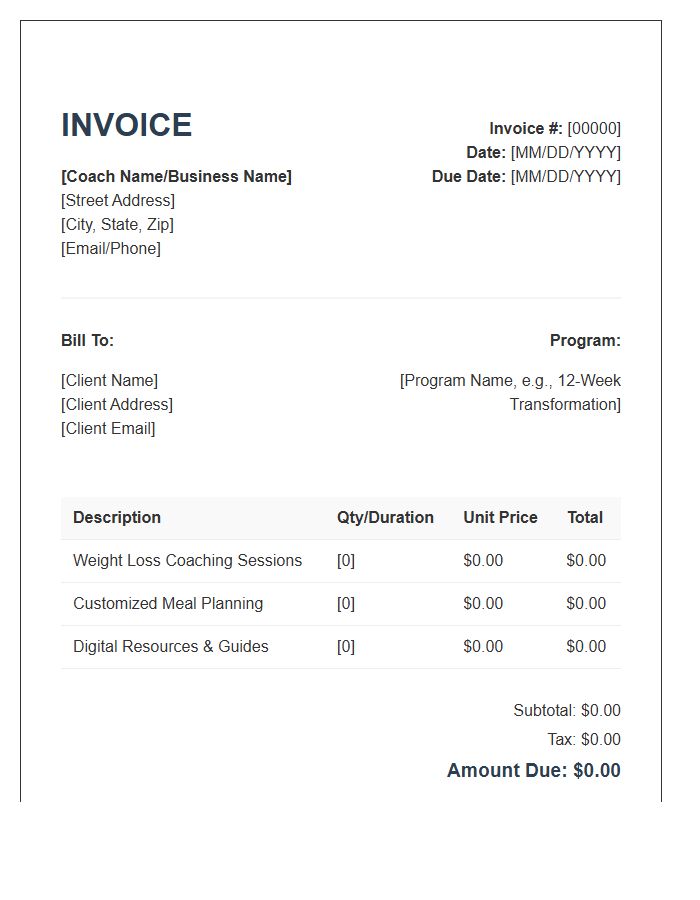 Weight Loss Coaching Program Invoice Template