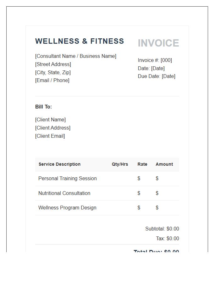 Wellness Consultant Fitness Invoice Template