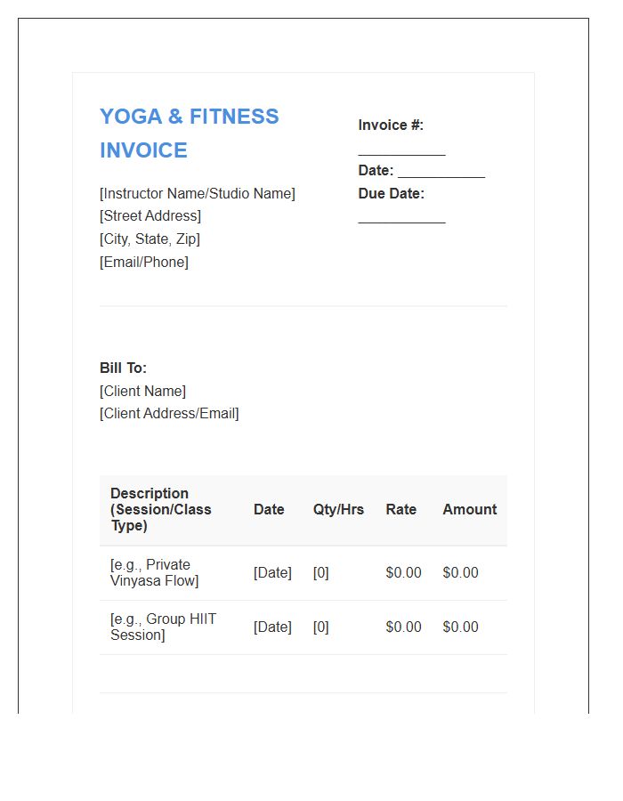 Yoga And Fitness Instructor Invoice Template
