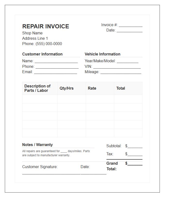 Auto Body Shop Repair Invoice Template