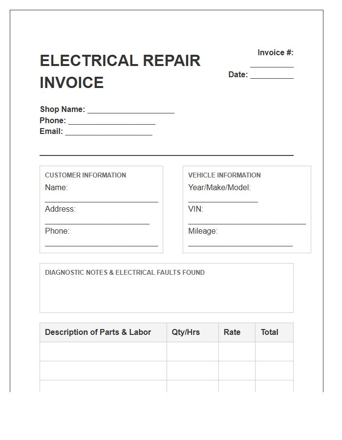 Automotive Electrical Repair Invoice Template