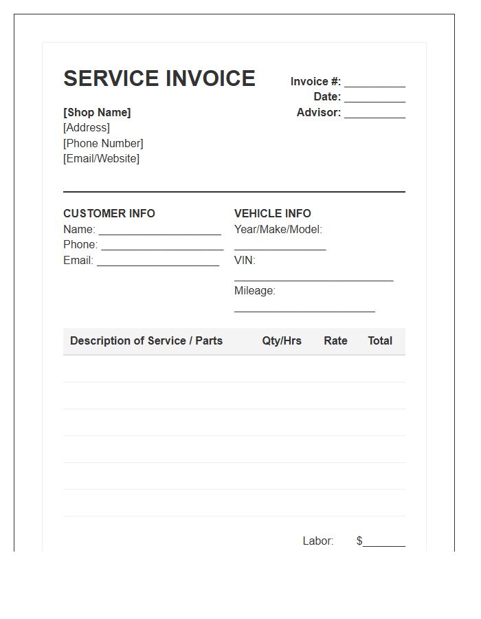 Automotive Repair Shop Service Invoice Template