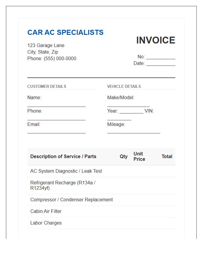 Car Air Conditioning Invoice Template