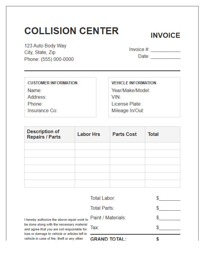 Collision Center Repair Invoice Template