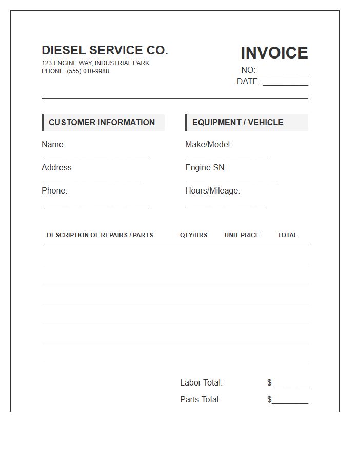 Diesel Engine Repair Invoice Template