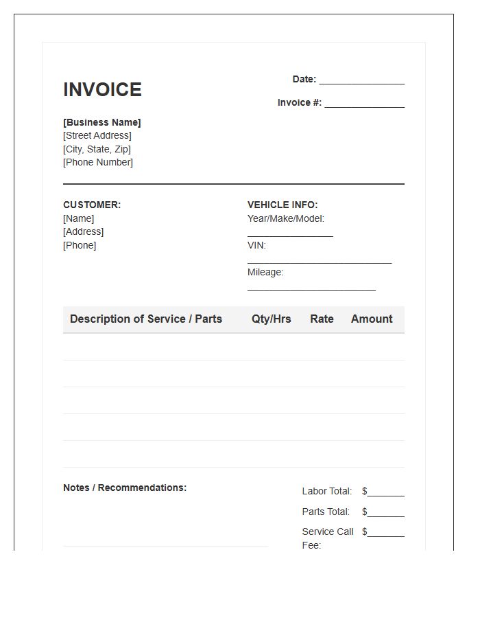 Mobile Mechanic Service Invoice Template