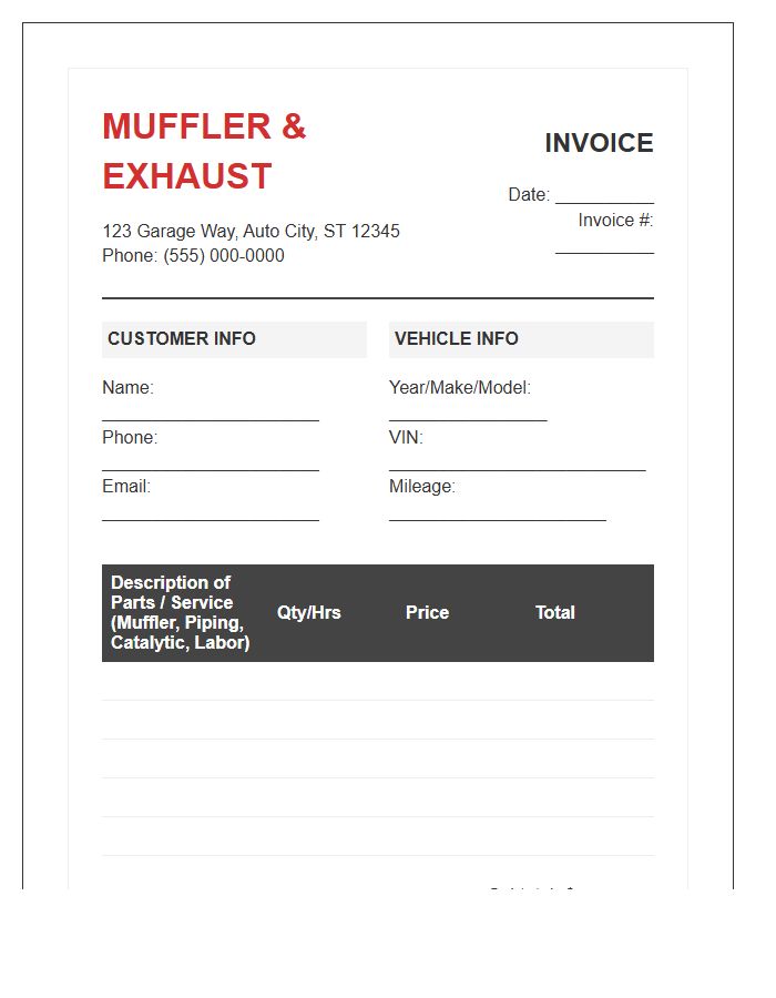Muffler And Exhaust Invoice Template