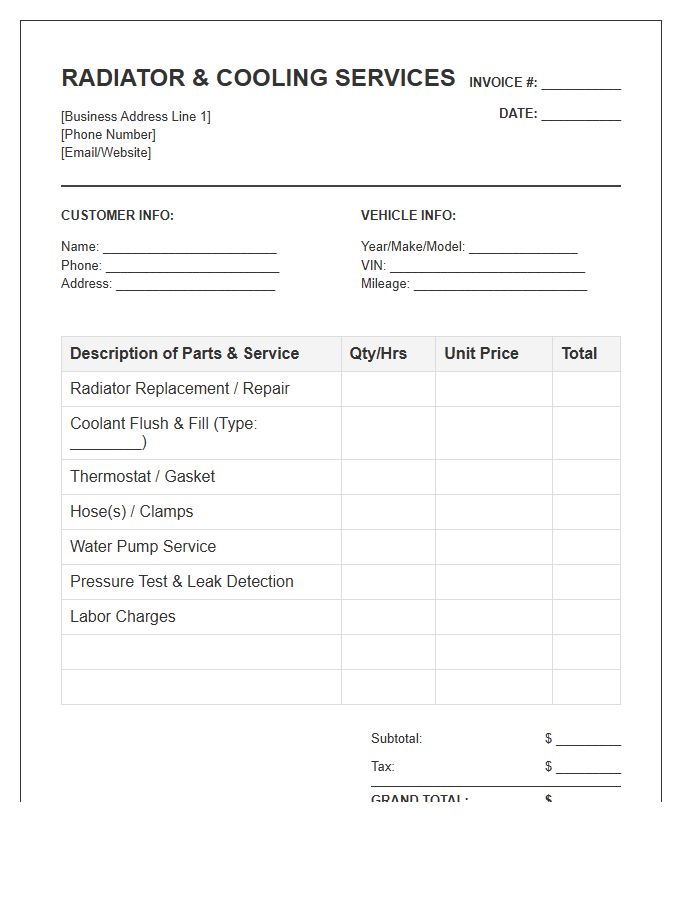 Radiator And Cooling Invoice Template