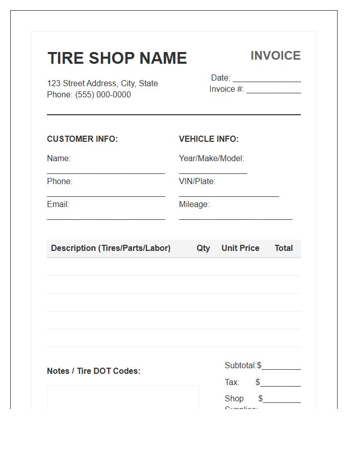 Tire Shop Service Invoice Template