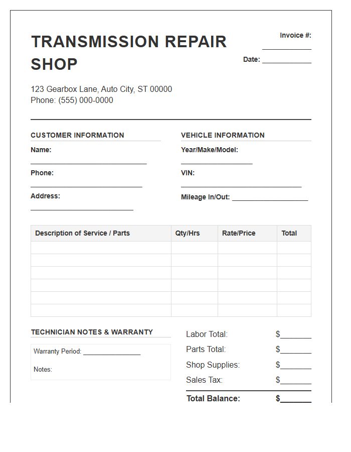 Transmission Shop Repair Invoice Template