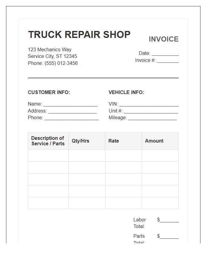 Truck Repair Shop Invoice Template