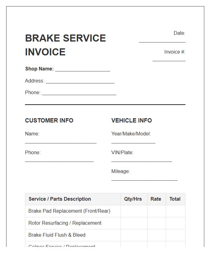 Vehicle Brake Service Invoice Template