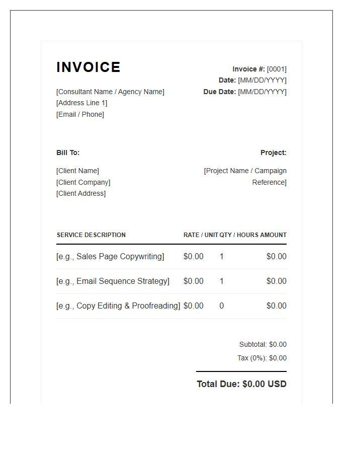 Copywriting Consultant Service Invoice Template