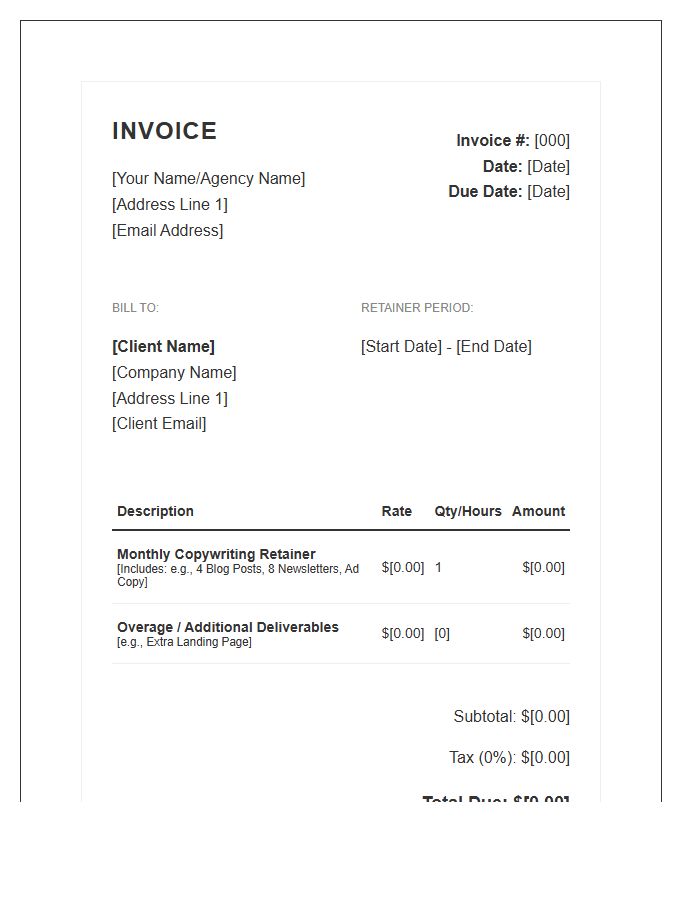 Copywriting Retainer Service Invoice Template