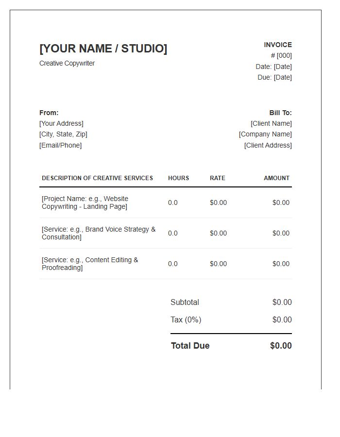 Creative Copywriter Hourly Rate Invoice Template