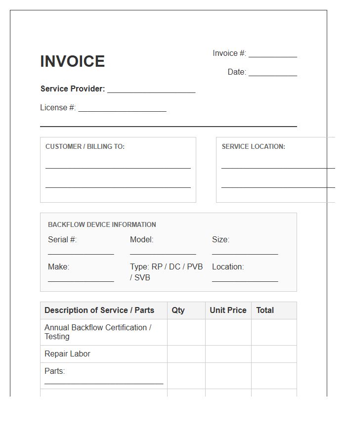 Backflow Prevention Maintenance Invoice Template