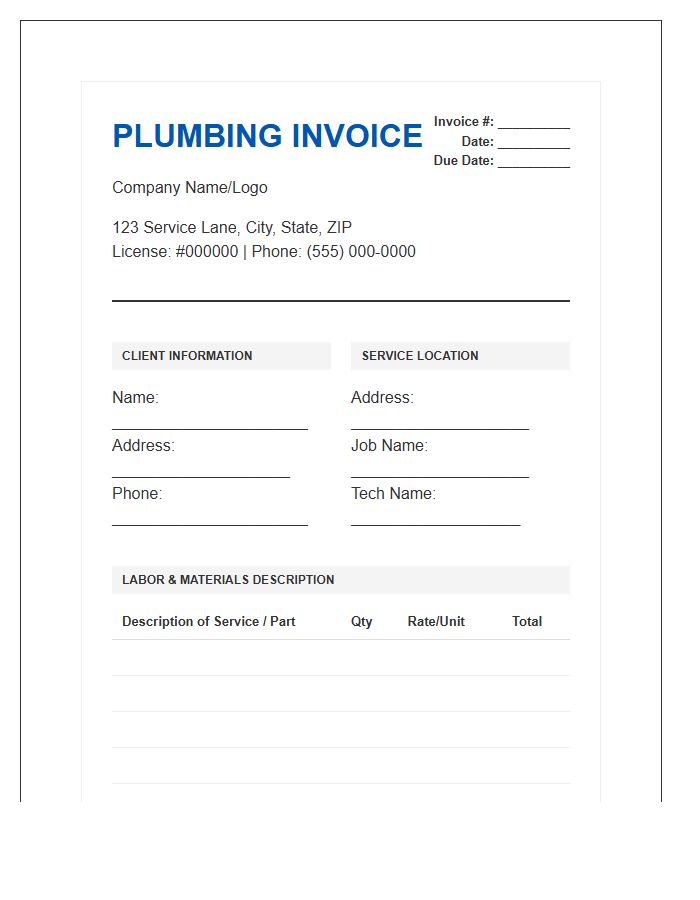 Comprehensive Plumbing Systems Invoice Template