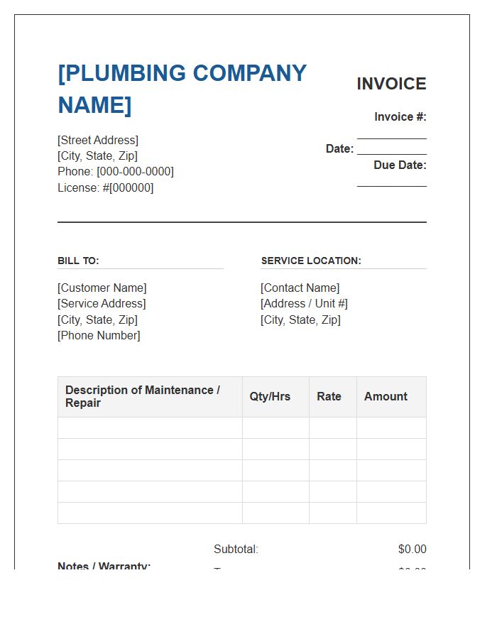 Contractor Plumbing Maintenance Invoice Template