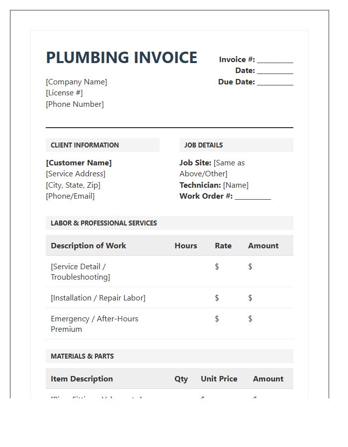 Detailed Plumbing Labor Invoice Template