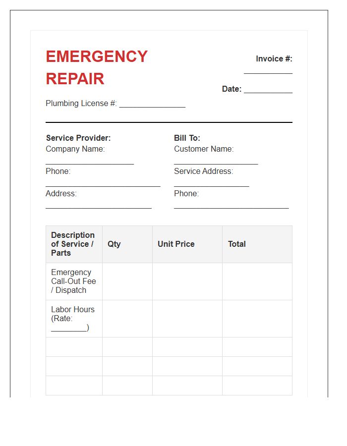 Emergency Plumbing Repair Invoice Template