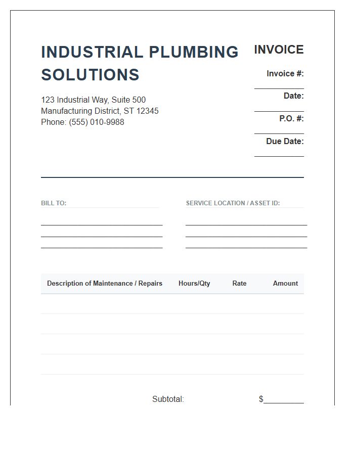 Industrial Plumbing Maintenance Invoice Template