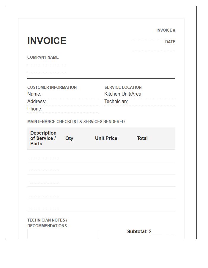 Kitchen Plumbing Maintenance Invoice Template