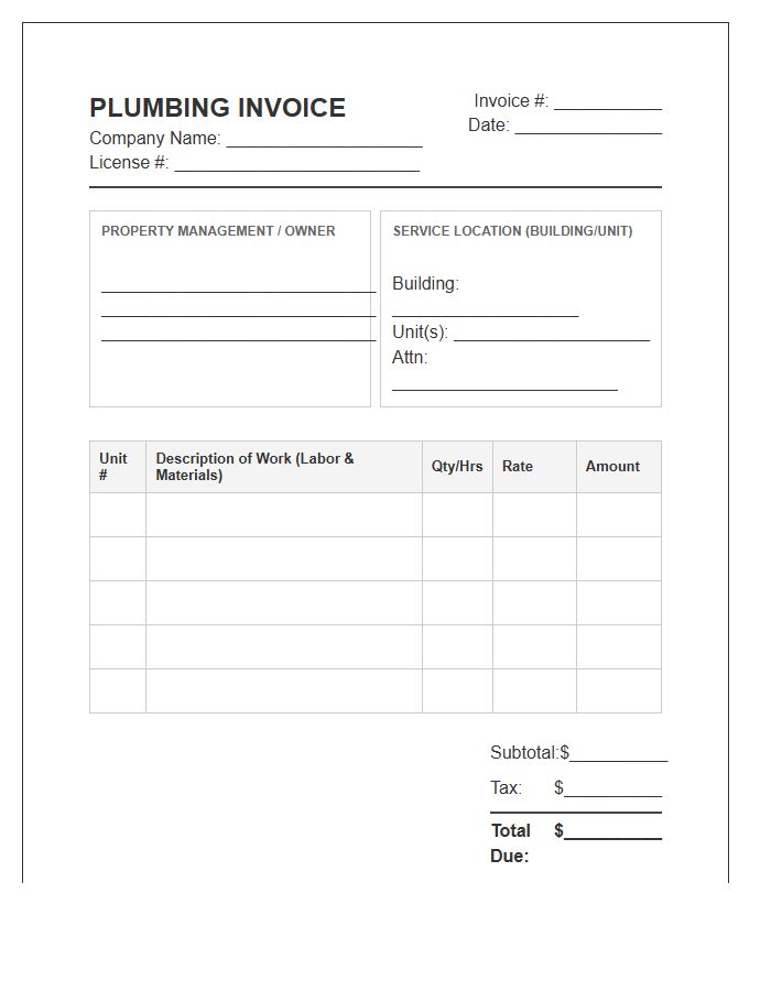 Multi Unit Housing Plumbing Invoice Template