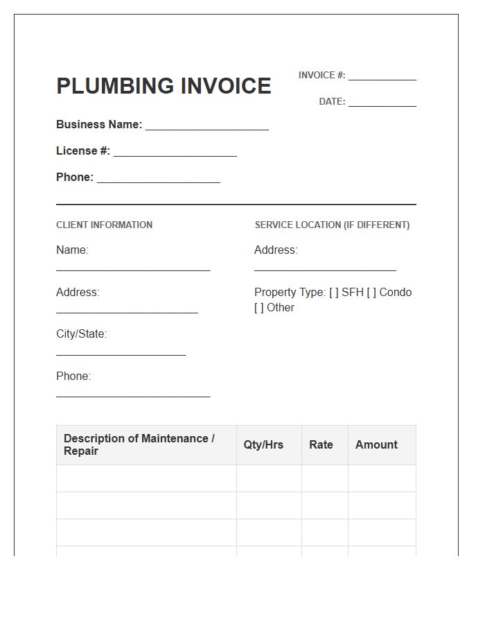 Residential Plumbing Maintenance Invoice Template